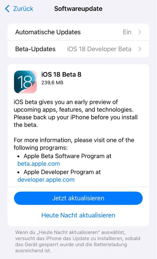 张家口苹果手机维修分享苹果 iOS / iPadOS 18 开发者预览版 Beta 8 发布 